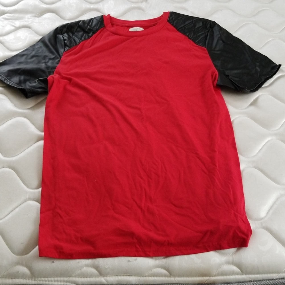 Red t-shirt with leather black sleeves